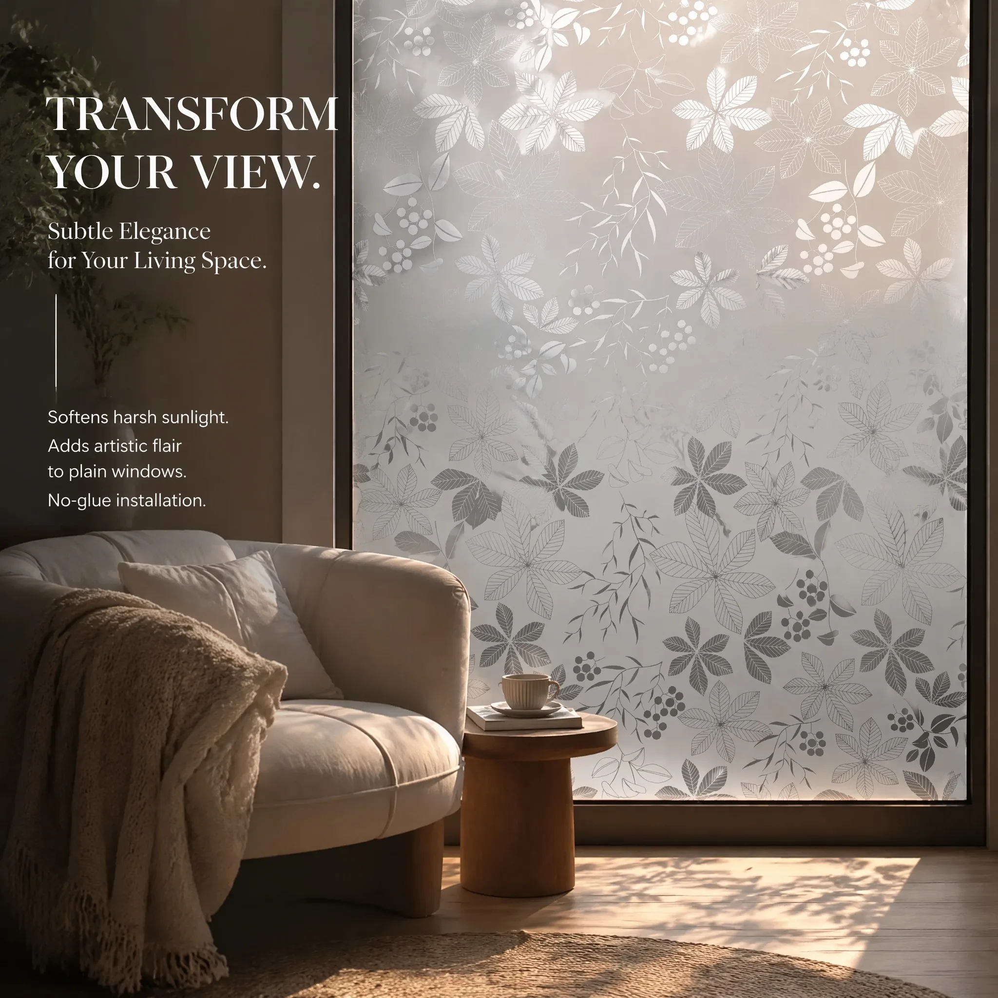 Grey Leaf Frosted Self-Adhesive Window Film Privacy Static Cling Decorative Glass Sticker for Home Decor