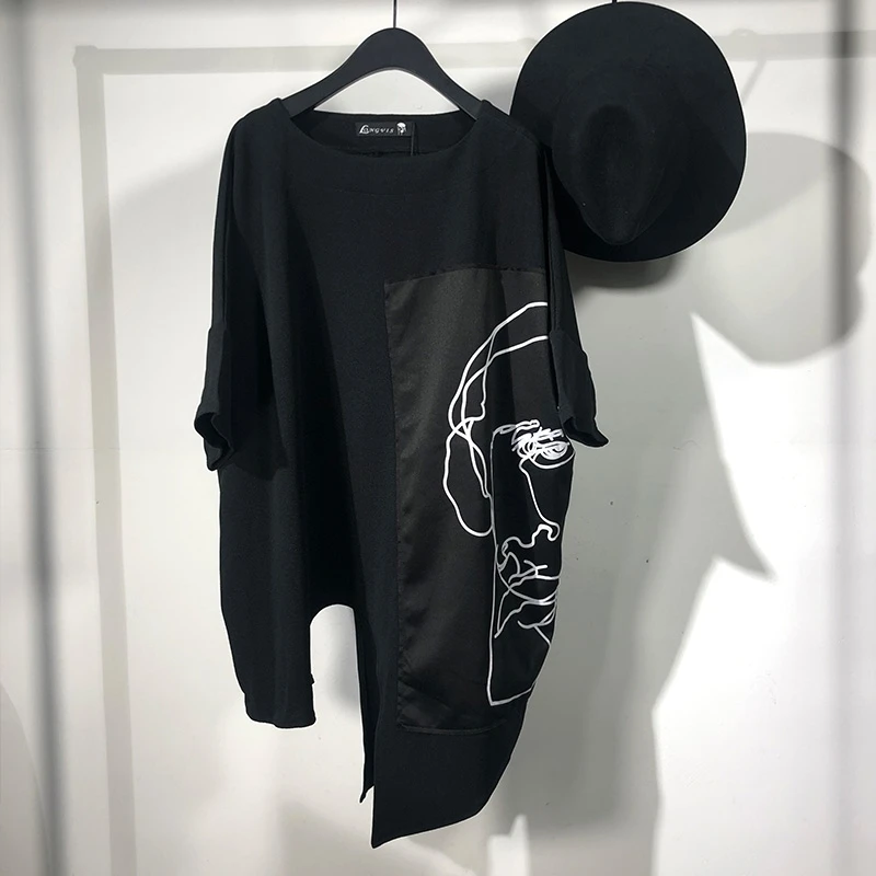 Summer new original tide male personality asymmetrical long T-shirt designer figure three-dimensional print loose short sleeve T