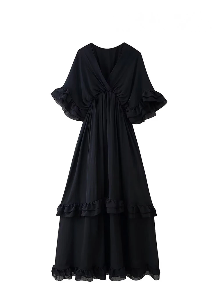 เดรสยาวทรงเอวเข้ารูป แขนสั้น คอวี ผ้าเรียบ สไตล์ลำลอง แต่งระบายชายกระโปรง จับจีบ เซ็กซี่ สำหรับผู้หญิง แฟชั่นฤดูร้อน HH