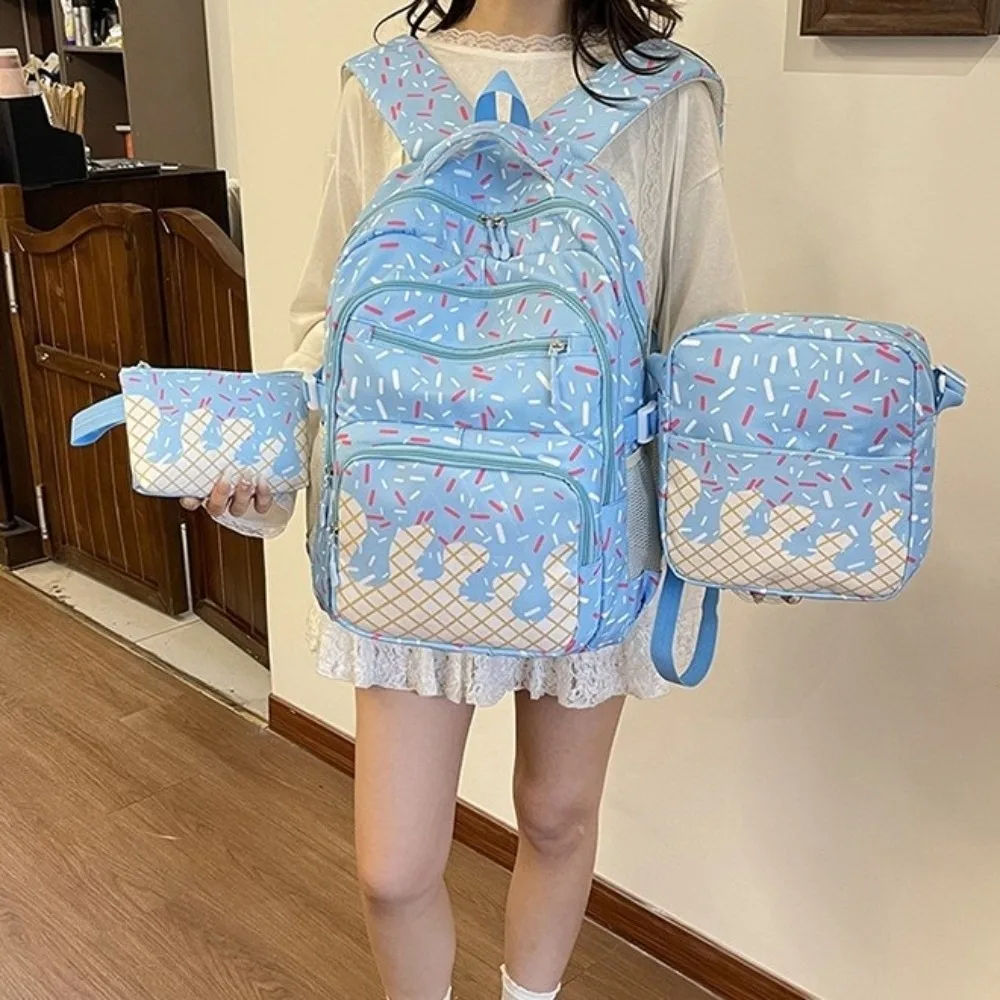 Oxford Fabric Ice Cream Printed Backpack Set with Pencil Case Large Capacity Bookbag Lightweight Matching School Bag