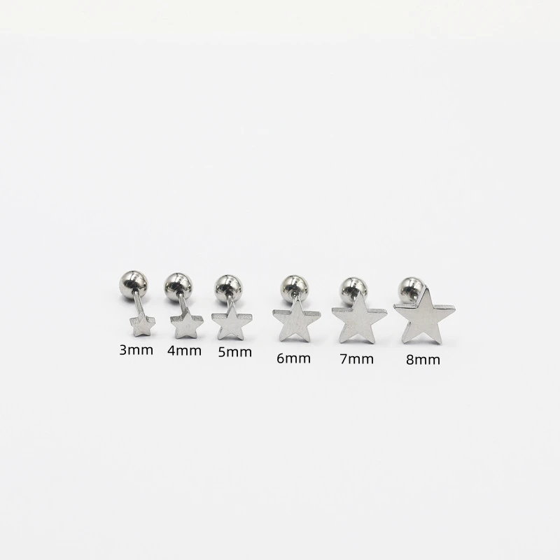 

1pair 20G Screw 0.8*6mm Stainless Steel With Stars Steel-color Stud Earrings 3mm 4mm 5mm Fashion No Fade Allergy Free