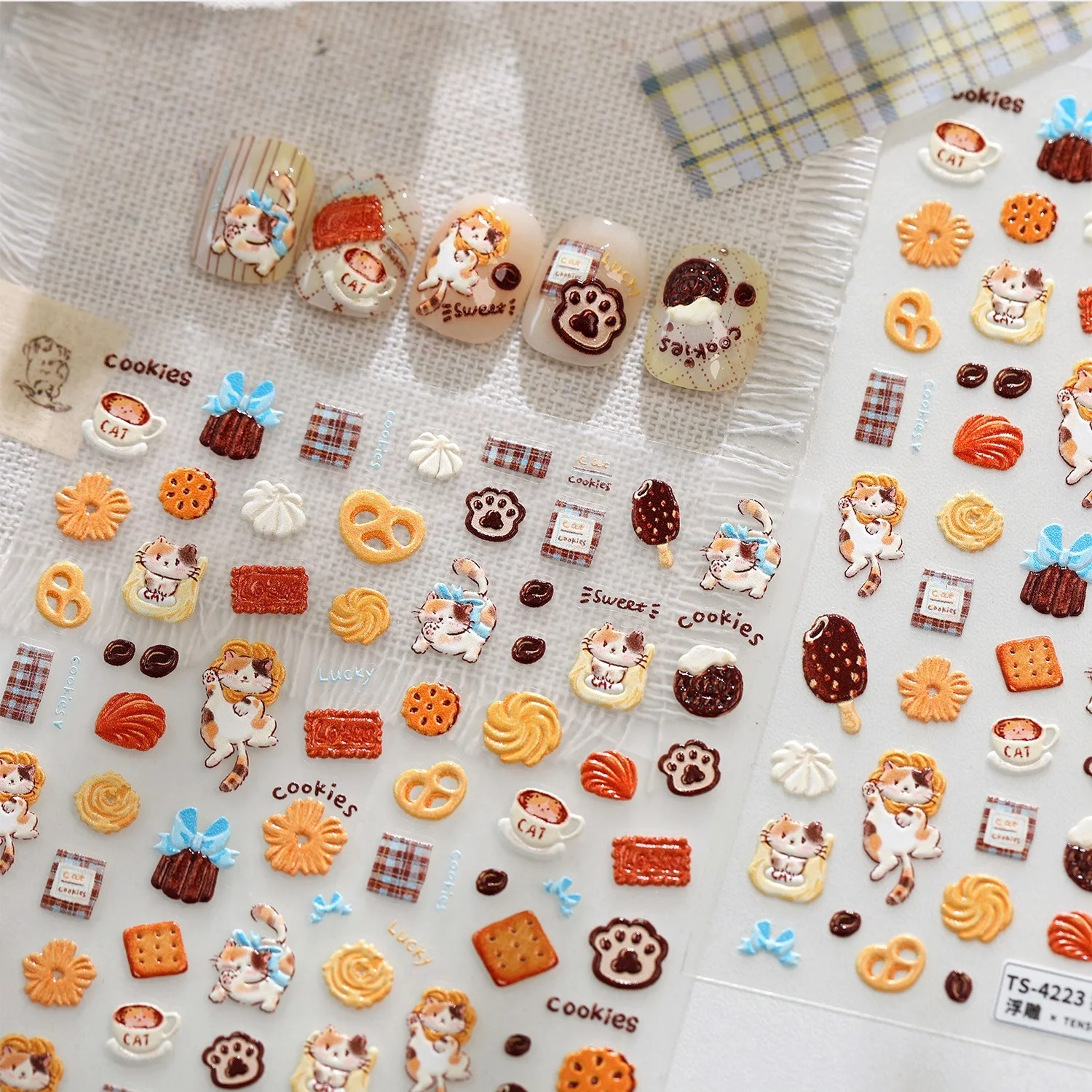 Cat Cookies 5D Lovely Tabby Cat Cookies Chocolate Ice Cream Plaid Napkin Coffee Cup Paw Print Nail Stickers Self Adhesive Decal