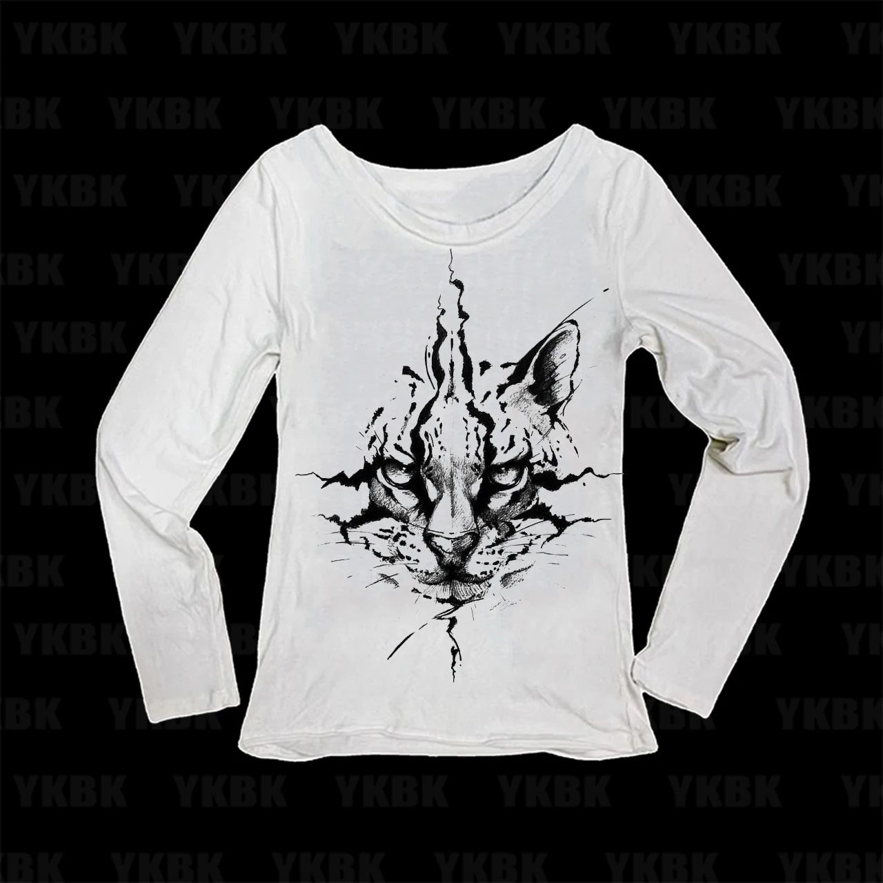 Y2K Alt Women Long Sleeve Top Ocelot Wild Cat Sketch Tattoo Graphic Print Slim Fit Casual Cropped Long Sleeve Tee T-Shirt