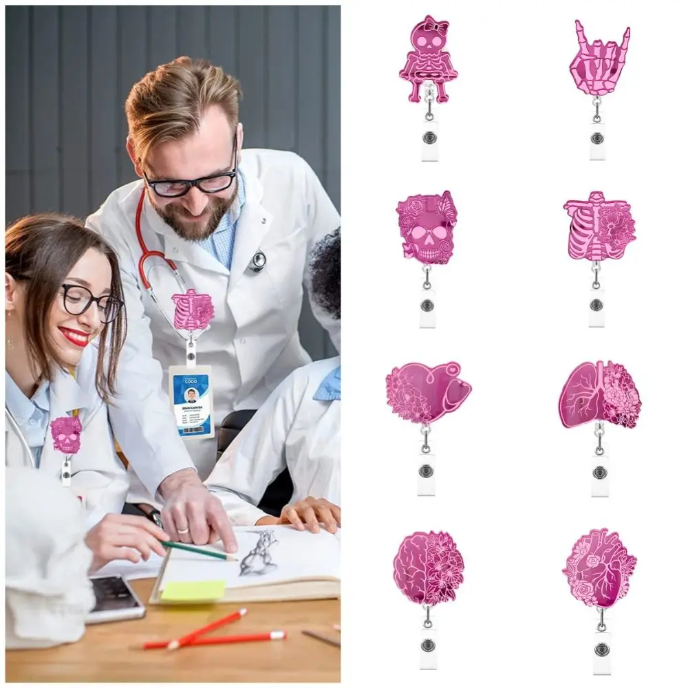 Pink Nurse Retractable Badge Reel Acrylic Skull Name Card Holder Work Card Clips 360 Rotating Alligator Clip