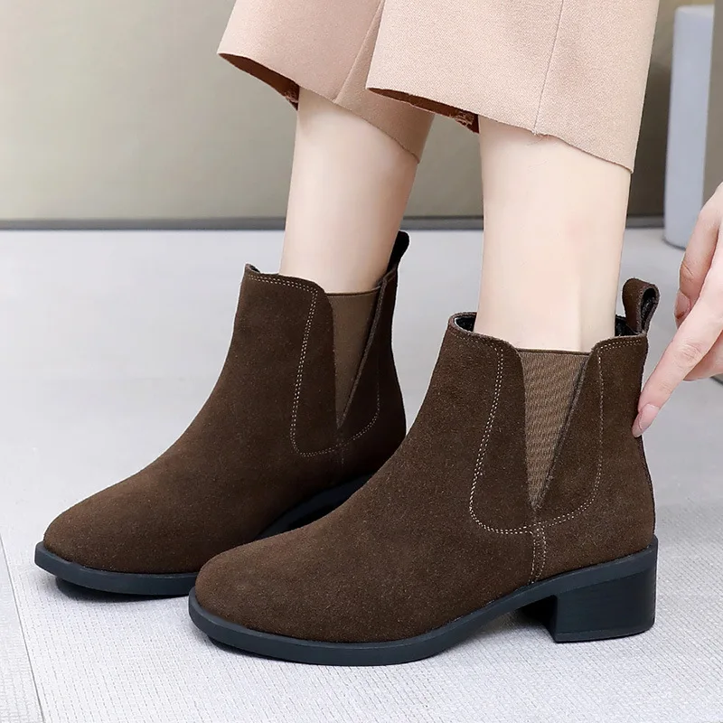 

GKTINOO Women's Cow Suede Chelsea Boots Med Heels Shoes Autumn Winter Ankle Boots For Women Soft Sole Casual Short Boots