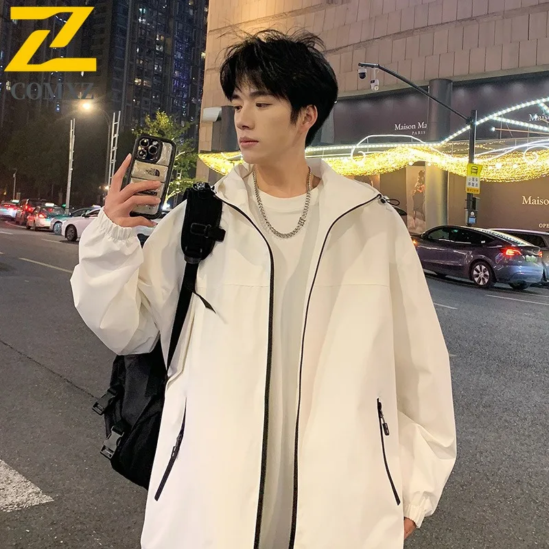 

COMXZ Mens Jackets Hooded Collar Riding Lightweight Windbreaker Handsome Korean Fashion Windproof Autumn Motorcycle Jacket