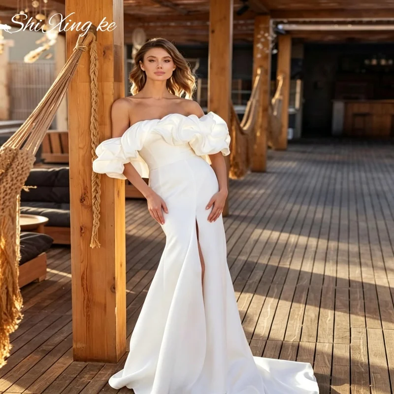 Shi Xing ke 2026 Civil Reception Wedding Gown Off‑Shoulder Satin Mermaid High Slit Backless Bridal Dress Customized