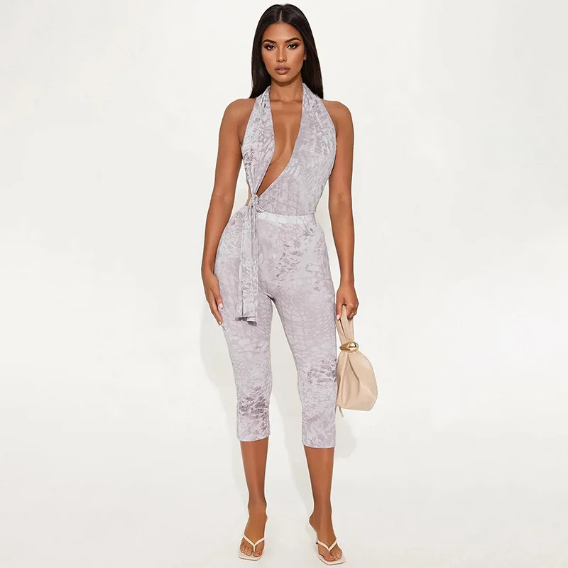 Apprabant feminino serpentina impresso macacão sem costas oco para fora rendas até pendurado pescoço profundo decote em v sexy apertado macacão streetwear