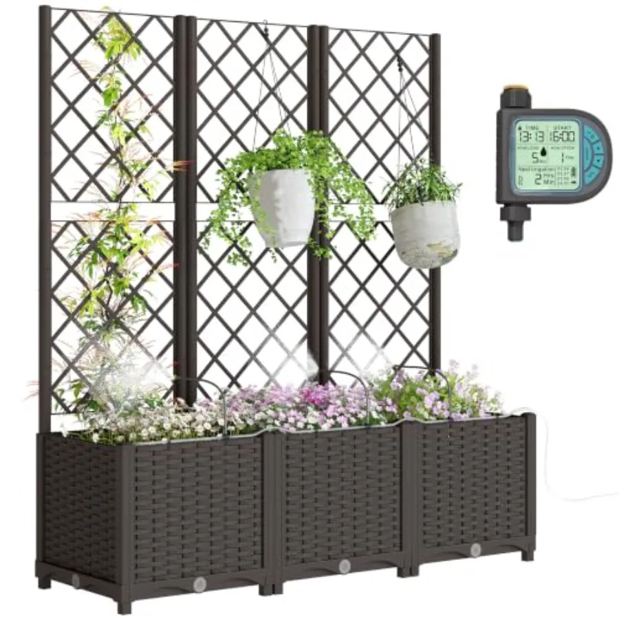 3PCS Plastic Planter Box with Trellis for Outdoor Gardening, Black, UV-Resistant Self-Watering Design