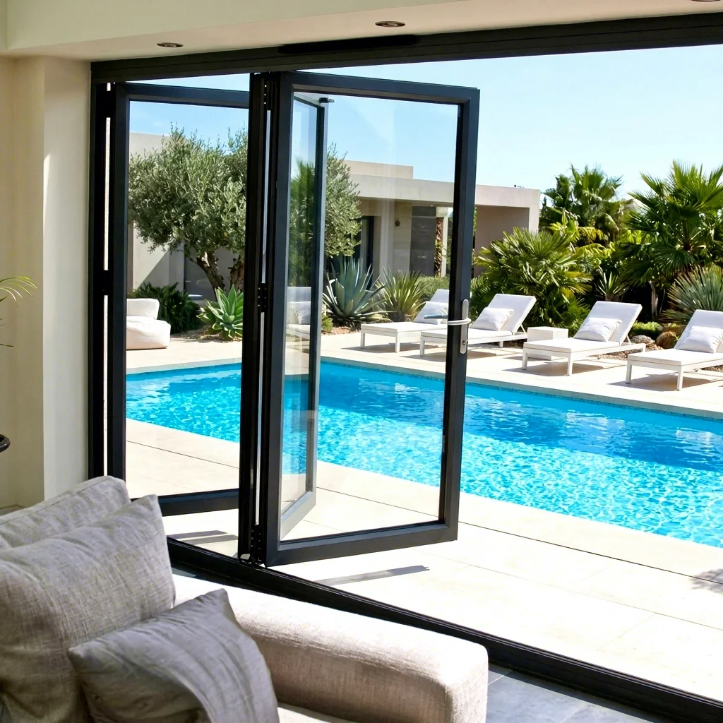 Fashionable Rust Proof Aluminum Glass Accordion Folding Door Swimming Pool Folding Doors Space Saving Manual Fold Up Doors