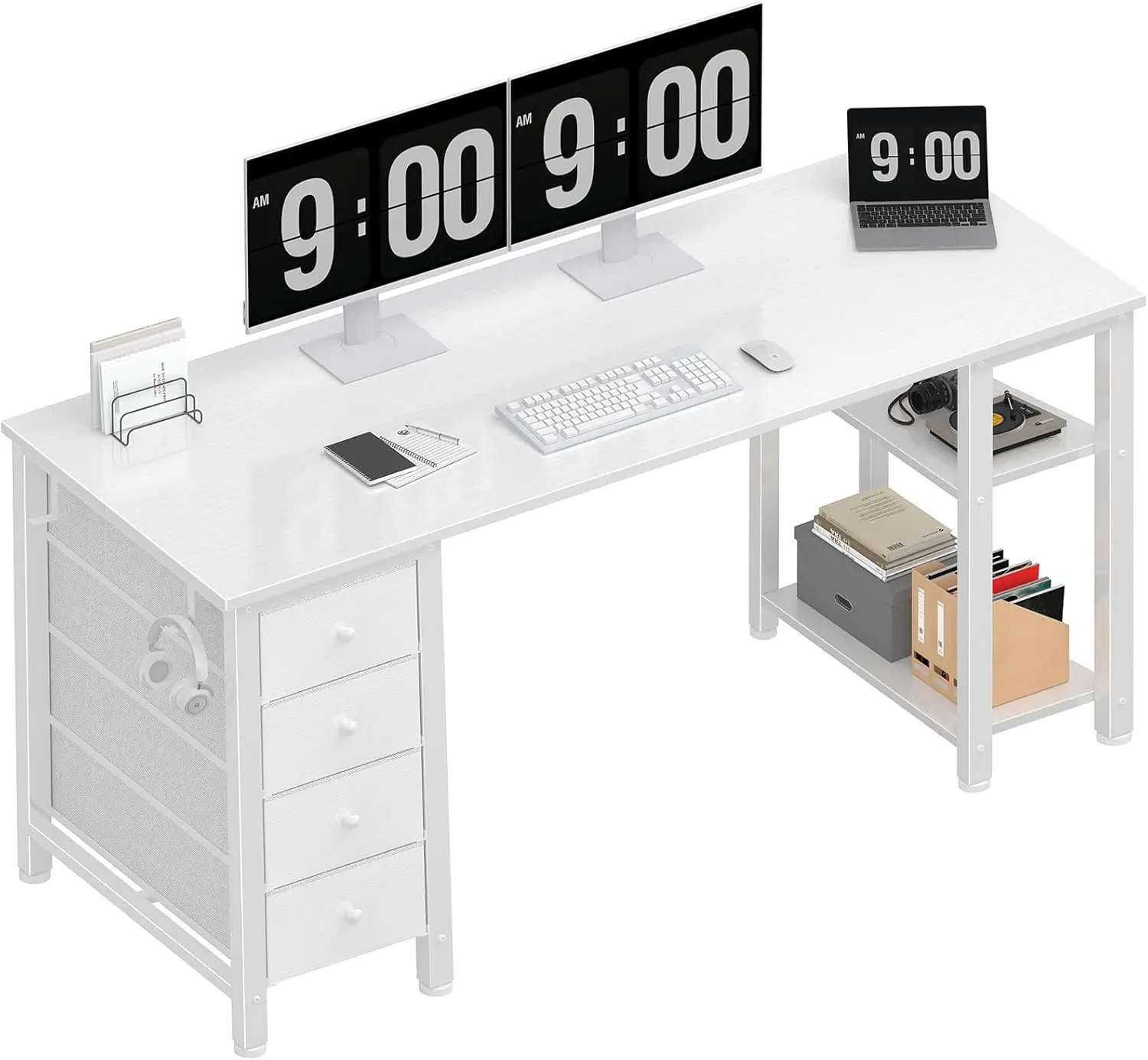 

White Computer Desk with Fabric Drawers & Storage Shelves, 63 Inch Study Work Writing Desk for Home Office Bedroom