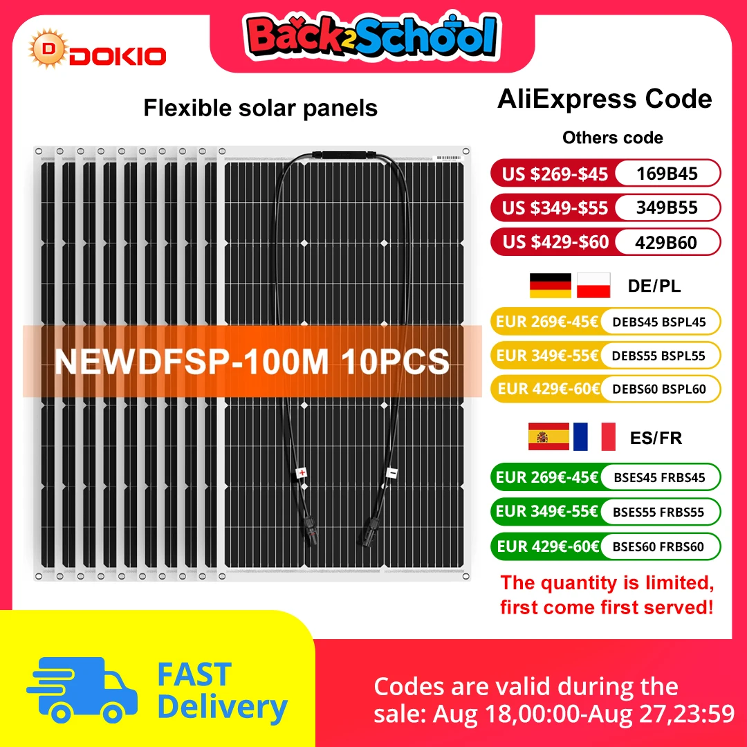 Dokio 18V 10pcs 100W Flexible Solar Panel Monocrystalline Solar Panel For Car/Home Waterproof Charge 12V 1000W Solar Panel