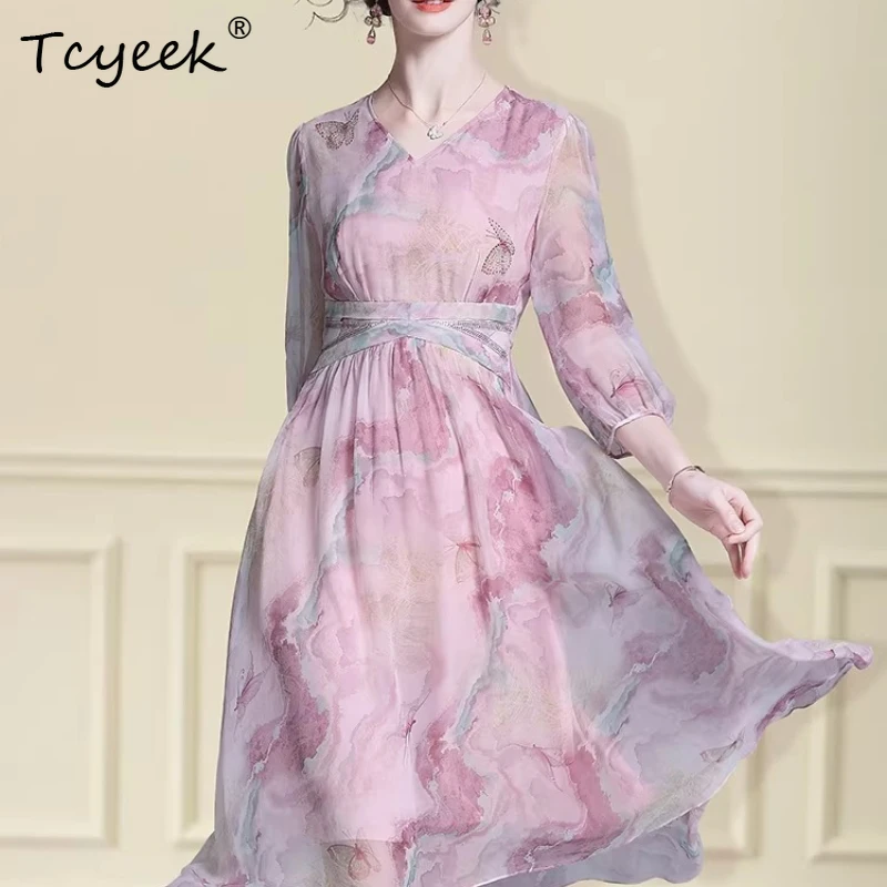 

Tcyeek Высококачественные женские платья из 100% натурального тутового шелка 2026 Летнее платье с v-образным вырезом Элегантные женские платья Новый стиль Платье Женское