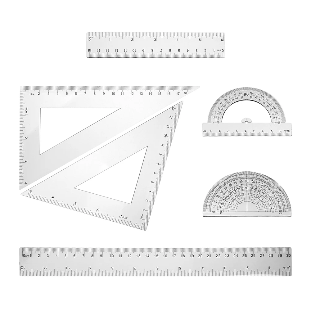 

6pcs Transparent Plastic Geometry Set Protractor Triangle Ruler Straight Edge Measuring Tools For School Classroom Drafting