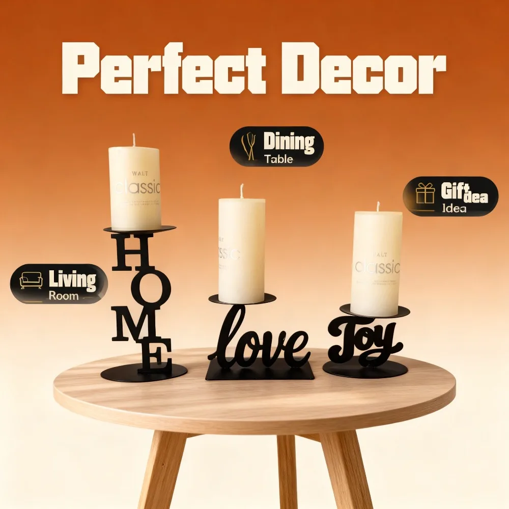 Black Metal Letter Candle Holder Word Design Pillar Candlestick Tabletop Candle Stand for Wedding Home Living Room Decor Gift