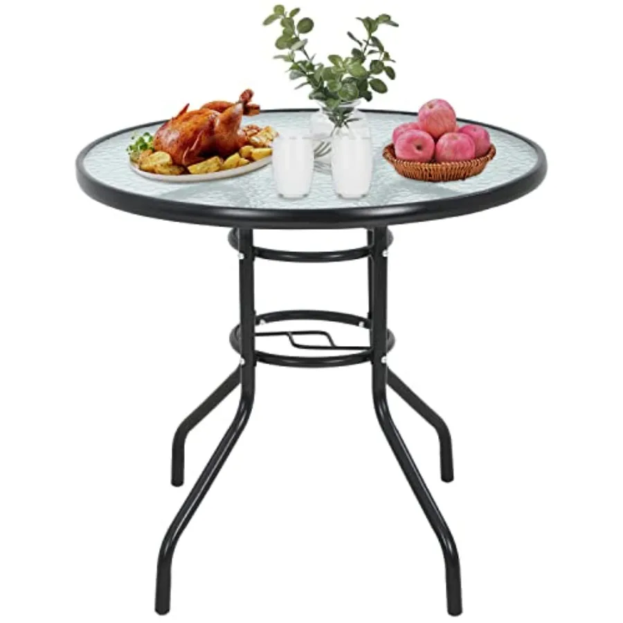 

Outdoor Table Patio Table Dining Table with Tempered Glass Umbrella Hole for Lawn Balcony Yard Round
