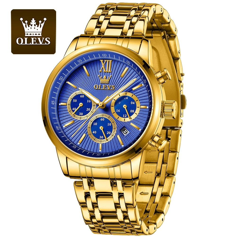 

OLEVS золотые, синие мужские часы, хронограф с датой, маленький циферблат, эксклюзивный дизайн, роскошные деловые водонепроницаемые наручные часы из нержавеющей стали