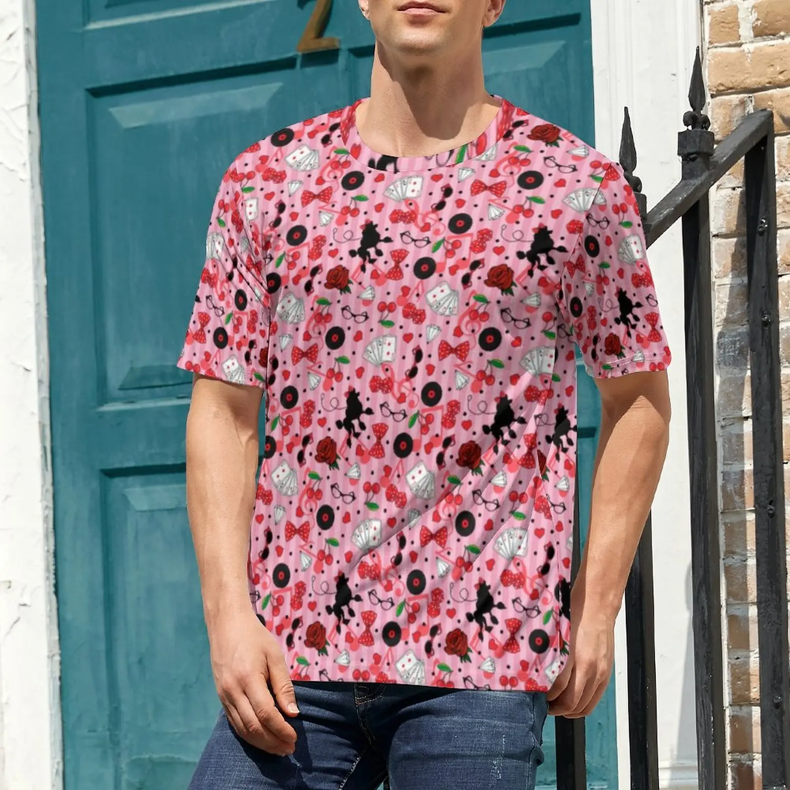 Funky Poodle T-Shirt For Men Cherries Sock Hop Pattern O Neck T-Shirts Harajuku Clothes Short Sleeve Casual Oversized Tee Shirt
