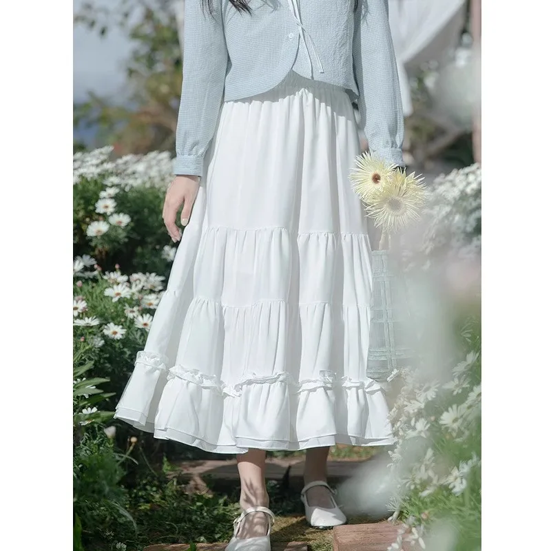 

Women's Skirt Chiffon High Waist Ruffled Pleated A-line Long Skirt Solid Color Fairy Elegant Fashion Versatile Casual 2024