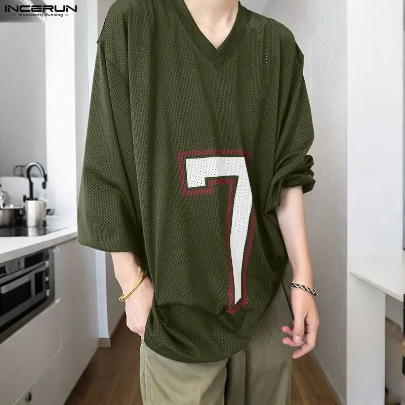 INCERUN الرجال تي شيرت الطباعة شبكة الجوف خارج الخامس الرقبة طويلة الأكمام الذكور المحملة القمم كبيرة الحجم الشارع الشهير تجريب ملابس الرجال غير رسمية