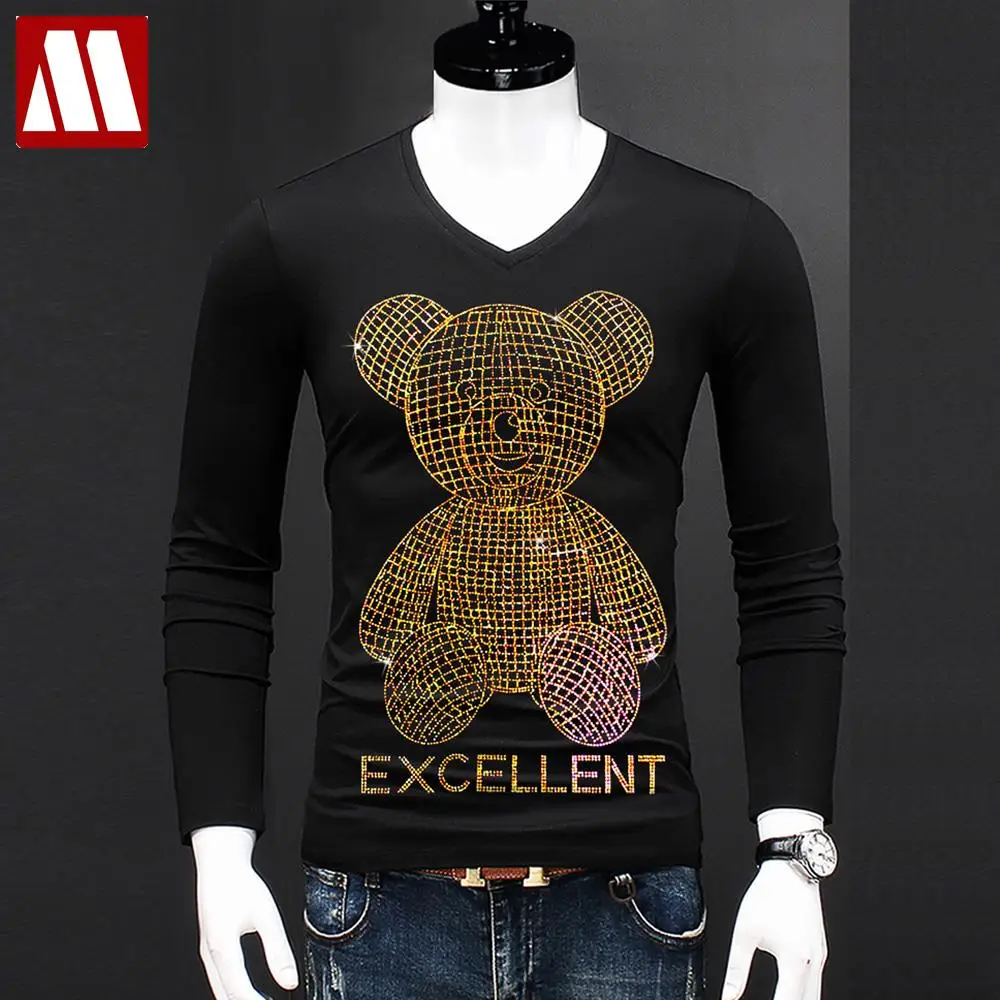 Cool Diamond Man T Shirt Unisex Streetwear Slim Fit Men\'s Shinny Hot Drilling Tee Shirt Diamond Inlaid Teddy Bear Toy Plus Size