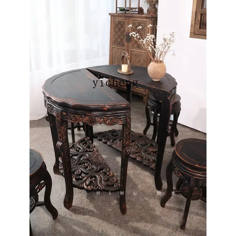 CZ-28 Crescent Table Solid Wood Antique Dining Table And Chair Set For Tea Drinking