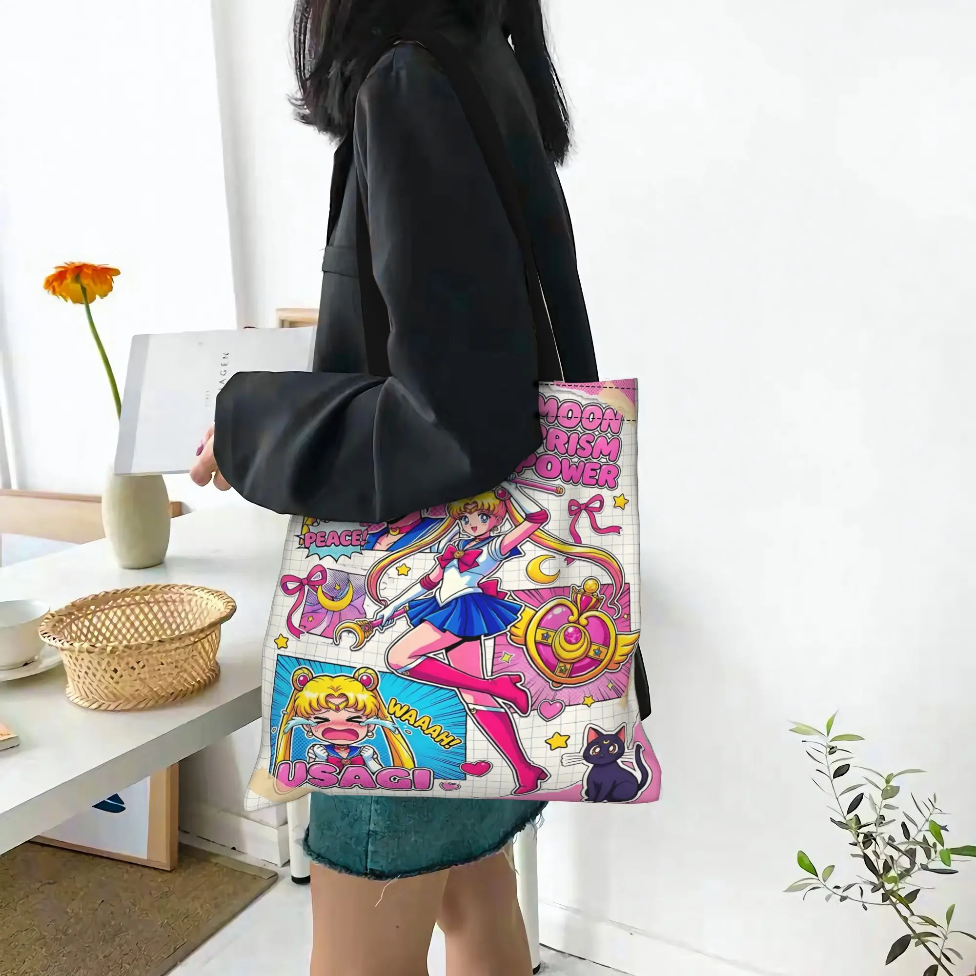 Customized Sailor Moon Women's Bag Campus Handbag Large Capacity  Canvas Tote Bag Foldable Chic Pattern