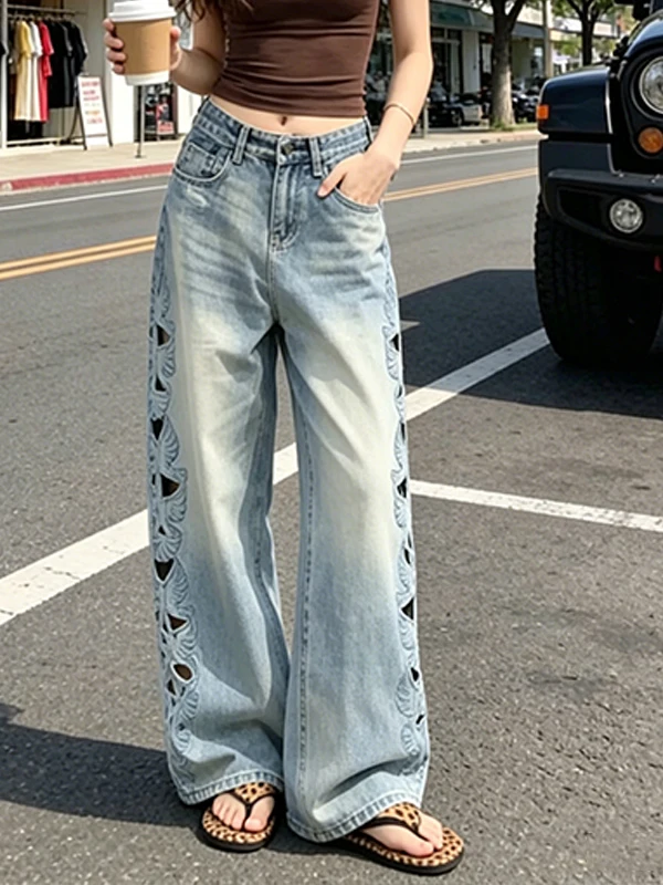 

Elegant Blue Heavy Embroidery Wide Leg Denim Jeans High Waist Slim Straight Floor-Length Pants Women's Fashion 2026 New Style