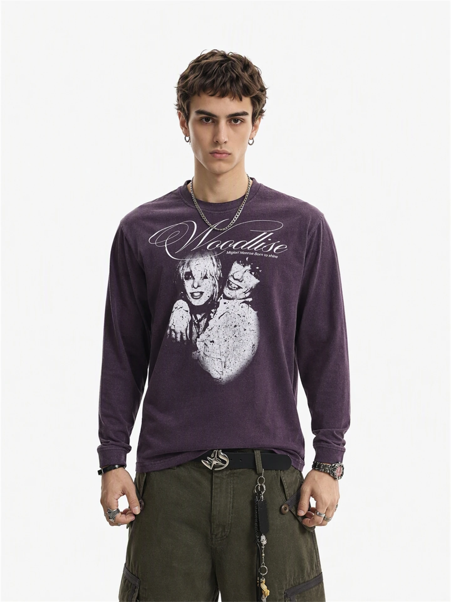 BETEBULE American High Street Long Sleeve T-Shirt Men's Vintage Subculture Short Wide Print Youth Fashion Home Daily Commute