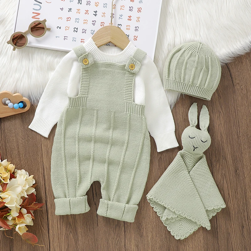 Newborn Baby Rompers Comfort Towels Knitted Girls Boy Jumpsuit Outfits Sleeveless Autumn 0-18M Infant Clothing Sets 3pcs Fashion