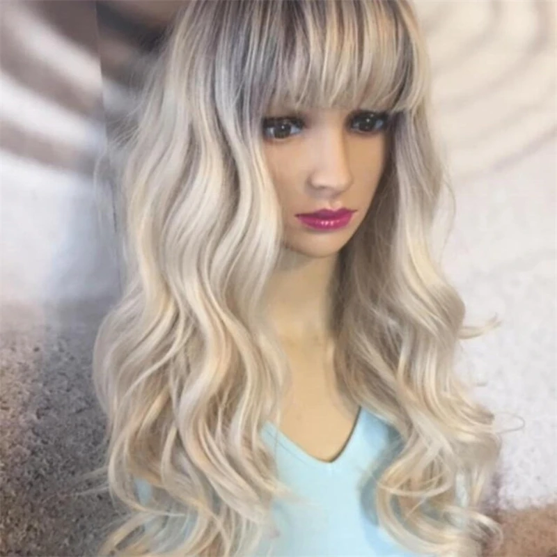 Ombre Wig sintetis depan renda aman panas pirang terang dengan Wig terlihat alami bagian akar gelap wanita 16 inci