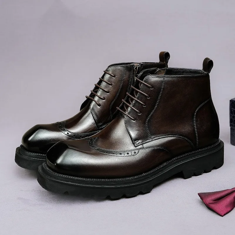 New Genuine Leather Mens Boots Luxury Handmade Quality Comfortable Fashion Retro British Style Ankle Brogues Social Shoes Man