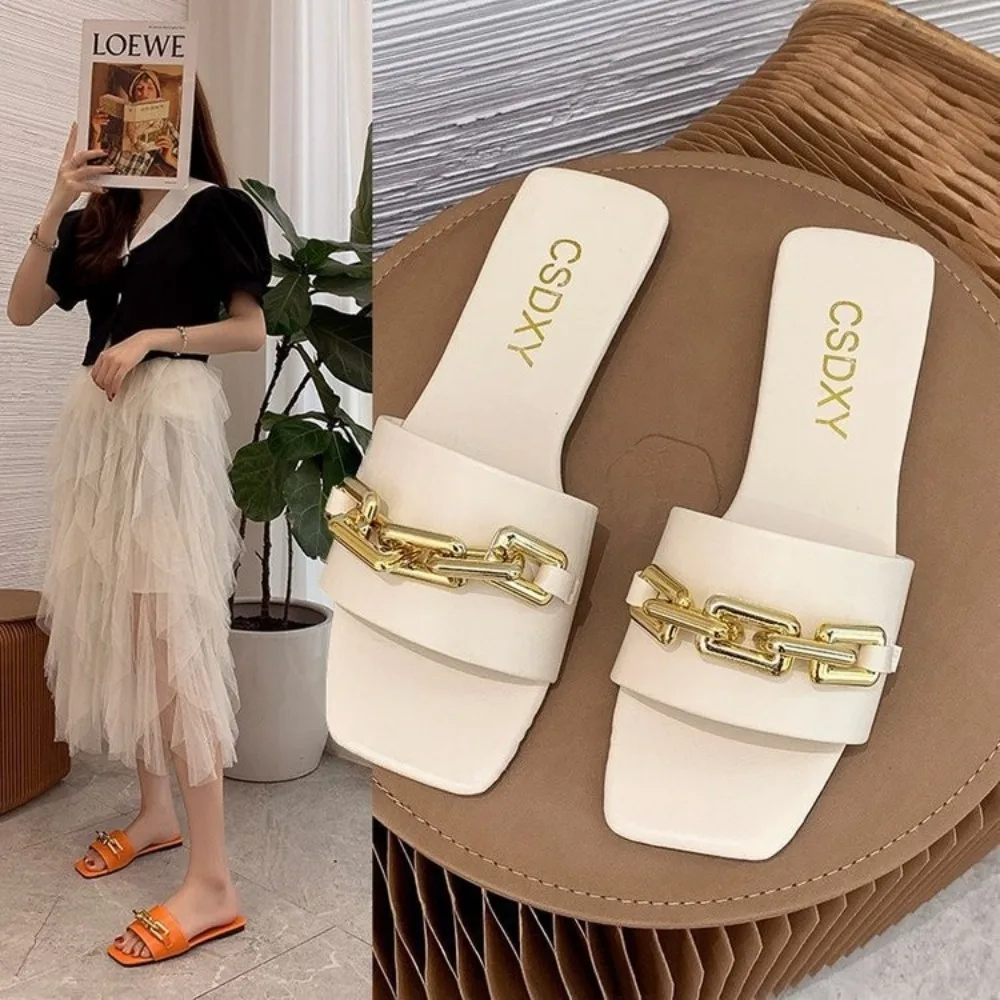 

Chain Women Slippers Summer Flat Outdoor Luxury Square Toe Design Sandals Women Slides 2024 Korean Trend women shoes Big Size