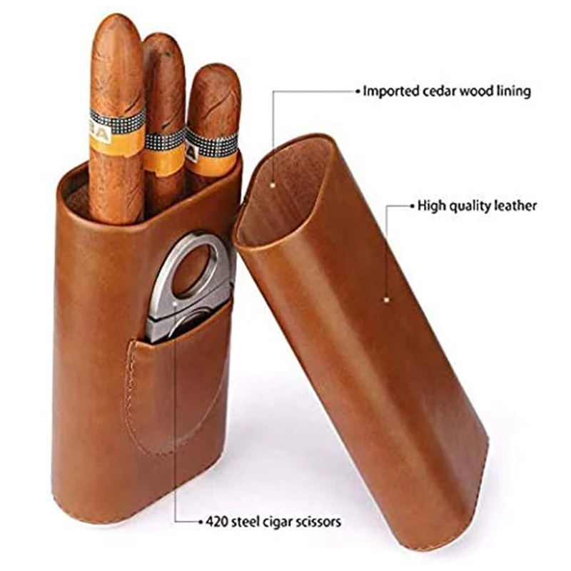 High Quality 3-Finger Humidors Portable Cigar Box Brown Cigar Cowhide Case with Cigar Cutter Retail