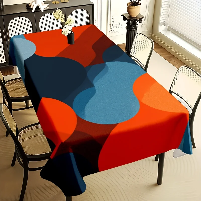 Mid Century Abstract Tablecloth, Red Blue Orange Curved Block Print, Rectangular Table Cover for Dining Kitchen Home Decor