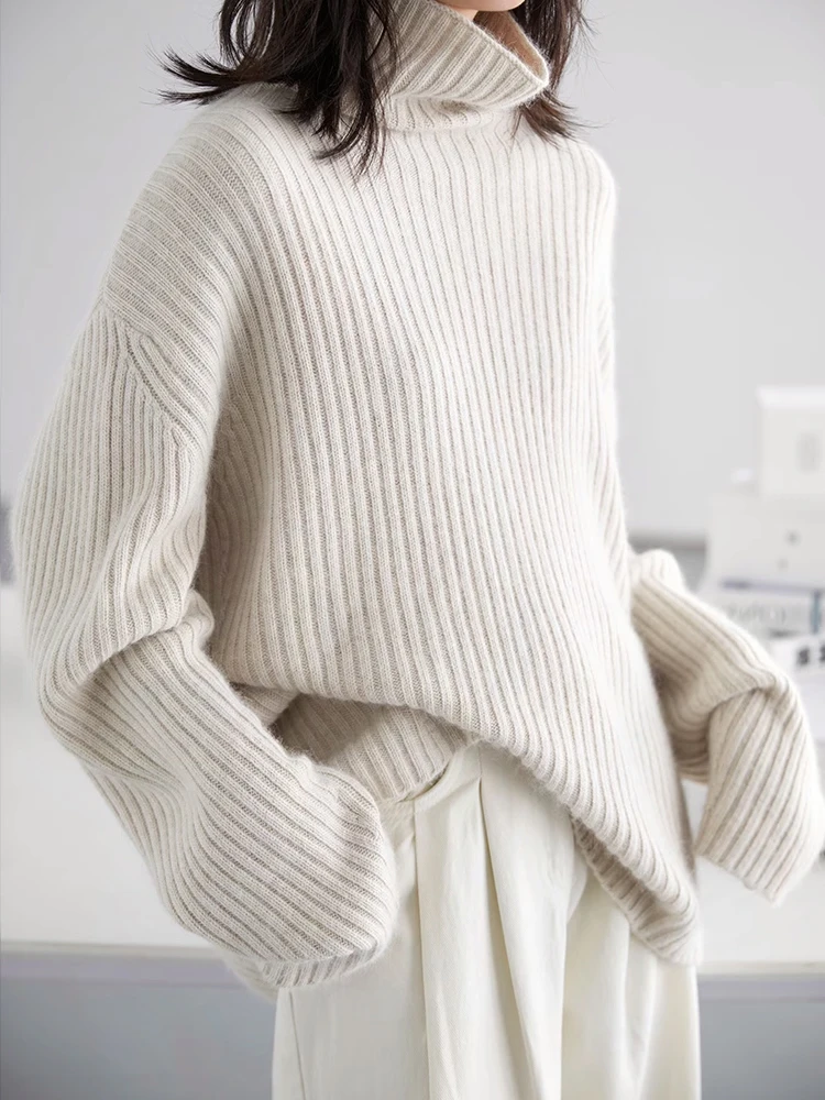 

Кашемировый пуловер с высоким воротником и длинными рукавами для женщин на осень и зиму, утолщенный свободный тонкий свитер с длинным низом