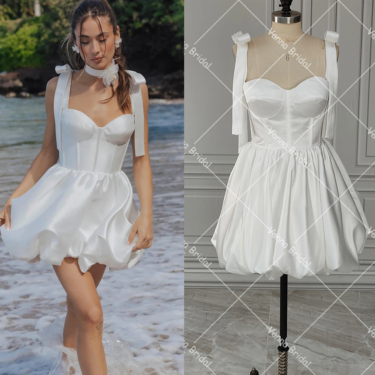 

Mini Short Vintage Satin Wedding Dress Victorial Boning Above Knee Custom Made Chic Beach Low Cut Simple Corset Bridal Gowns