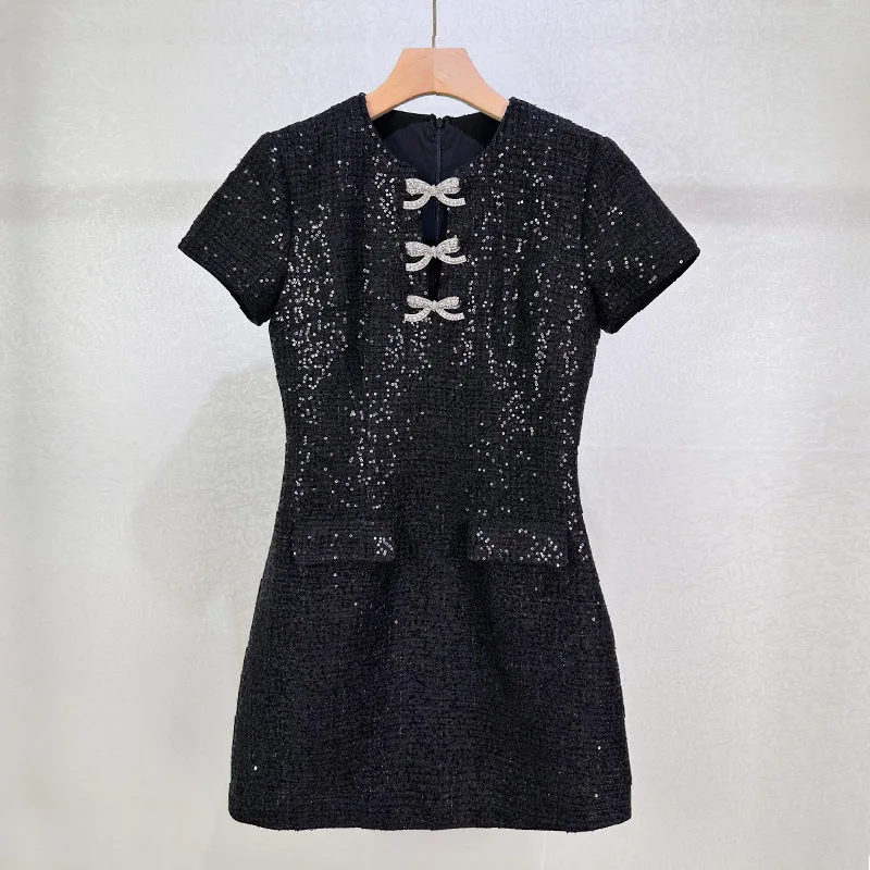 

Black Round Neck Small Fragrance Sequined Diamond Bow High Quality Dress Women Fashion Shiny Party Sweet Tweed Short Dress