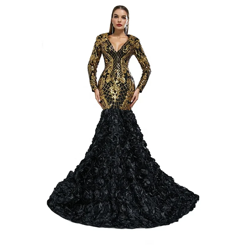 Wholesale Women's Sexy Slim Hip Evening Party Dress Long Sleeve Bespoke Plus Size Ruffles Gold Sequin Black Prom Cocktail Gowns