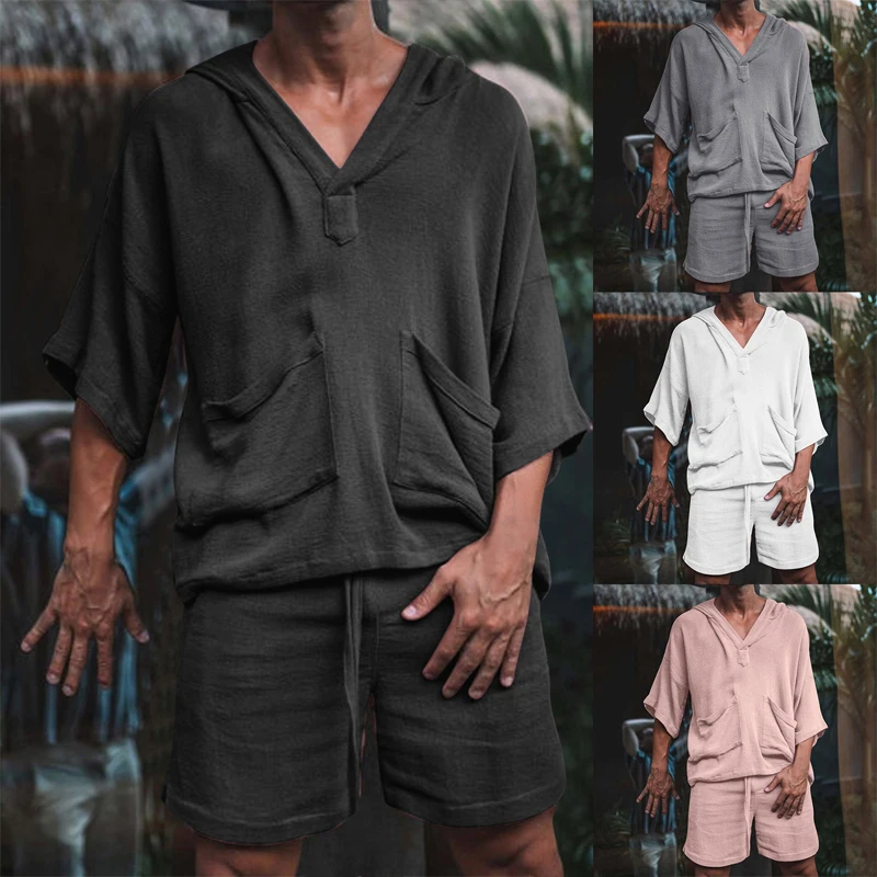 Conjunto de 2 unidades de camisa de lino y algodón para hombre, Tops informales holgados, pantalones cortos, traje, pijamas de manga corta,