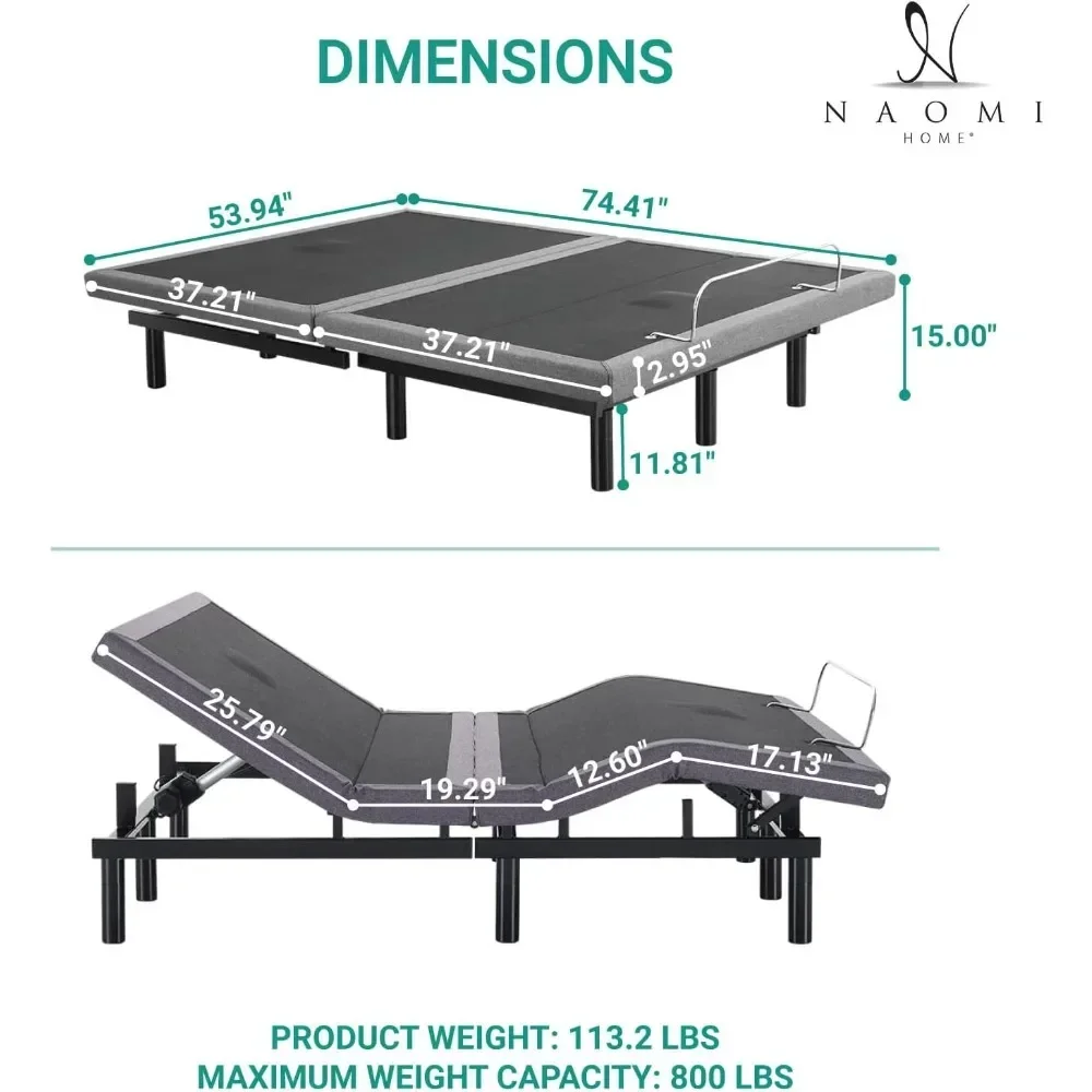 Adjustable Bed Frame with Lumbar Support & Head Tilt, Foot Incline, Back & Leg Massage, USB Ports, Massage Bed