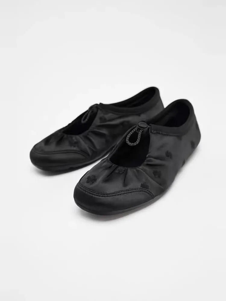 

Satin Drawstring Fashionable Shallow Flats Casual Ballet Round Toe Women's Shoes Buckle Adjustable Comfortable Sports Sneakers