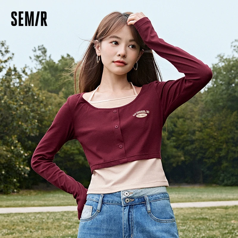 Semir 2023 Women Shirt Long-Sleeved T-Shirt Short  Fake Two Pieces Autumn New Hot Girl Retro Style T-Shirt for Women