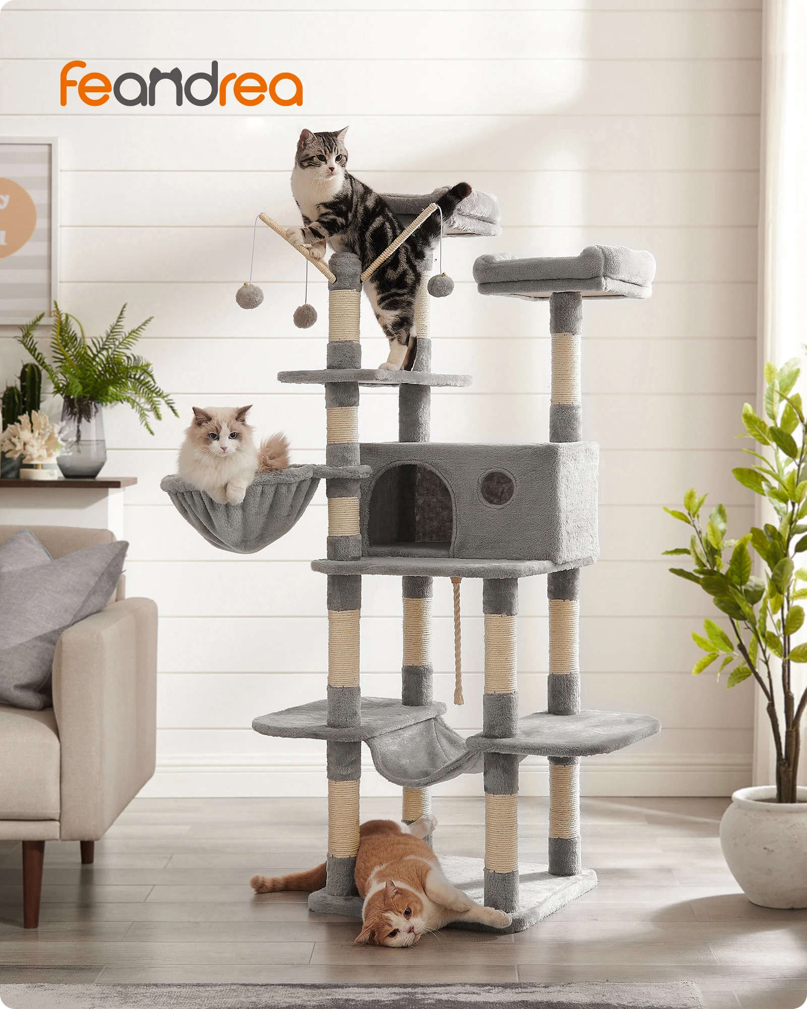 FEANDREA scratching post cat tree XL with cave 164cm stable for 3 cats