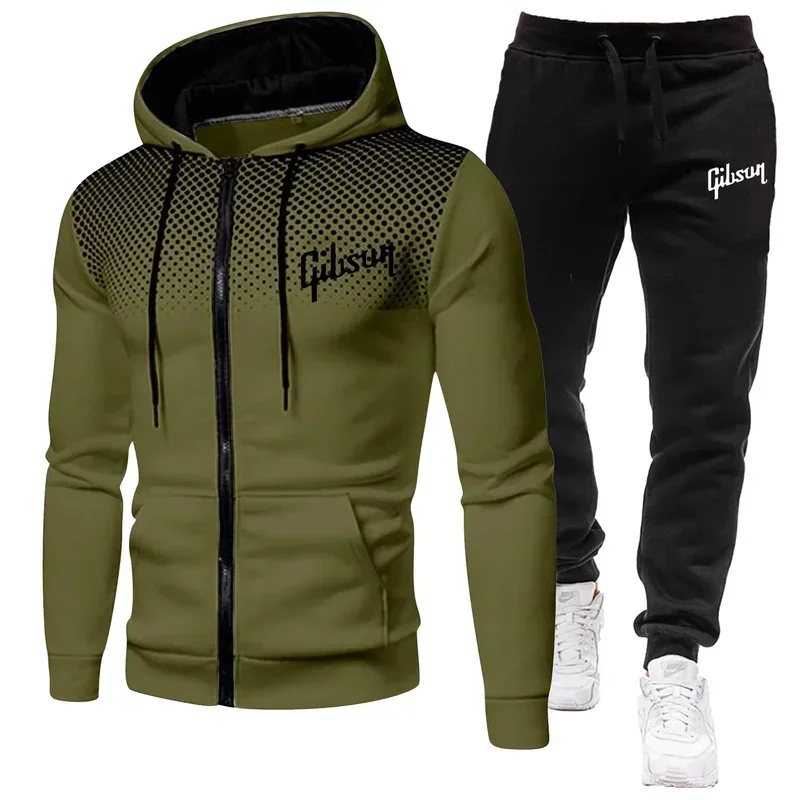 Men\'S Tracksuit Two-Piece Hoodie Track Pants Jacket Pullover Casual Outdoor Sports Gibsun Fashion Streetwear Zipper Hooded Set