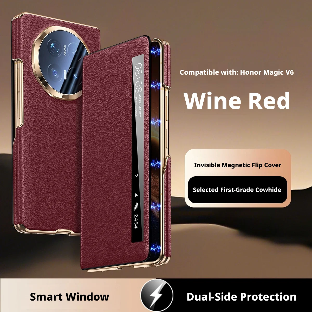 Premium Pebble Grain Genuine Leather Case For Honor Magic V6 Smart Window Electroplated Frame Hinge Full Lens Protection Cover