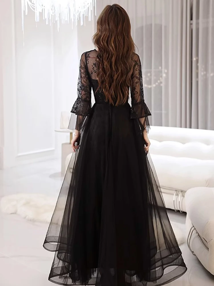 Damska Czarna Sukienka Wieczorowa Letnia Nowa Elegancka Koronkowa Sukienka z Półrękawami z Siateczki na Imprezę Lekka Luksusowa Sukienka na Bal z Dekoltem O-Neck w Kształcie Litery A