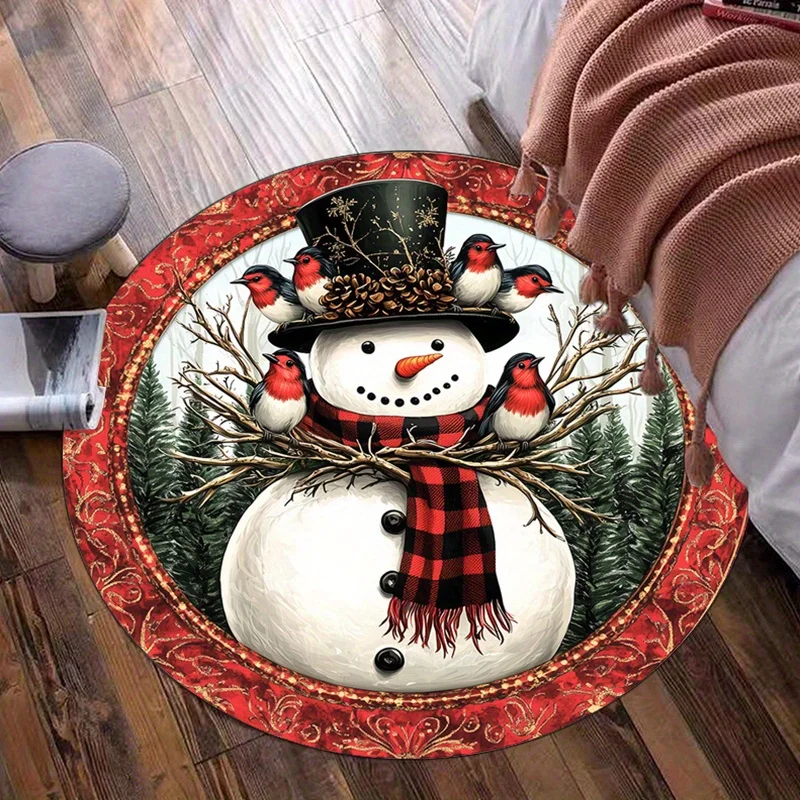 

Snowman Robin Birds Christmas Rug Round Crystal Velvet Floor Mat Winter Holiday Home Decor Festive Seasonal Decoration XmasTheme