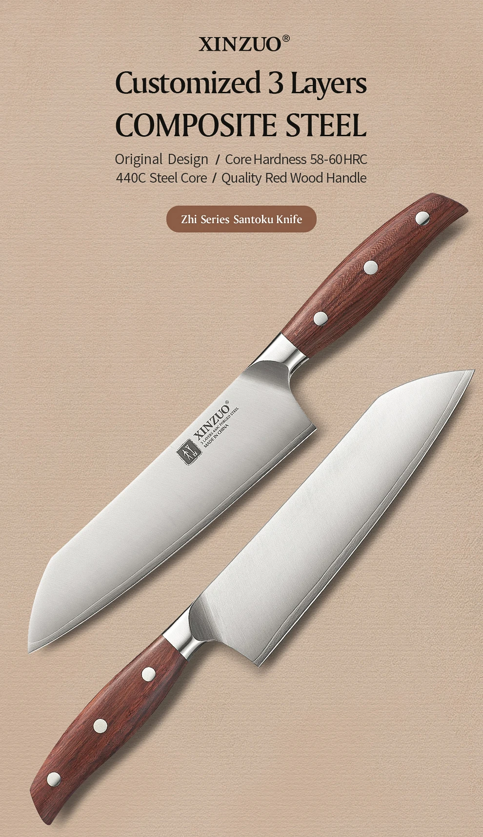 XINZUO Hochwertiges Edelstahl 7,2'' Santoku-Messer 3-Schicht-Verbundstahl Schneidemesser Küchenmesser mit Rotem Holzgriff – Detail 1