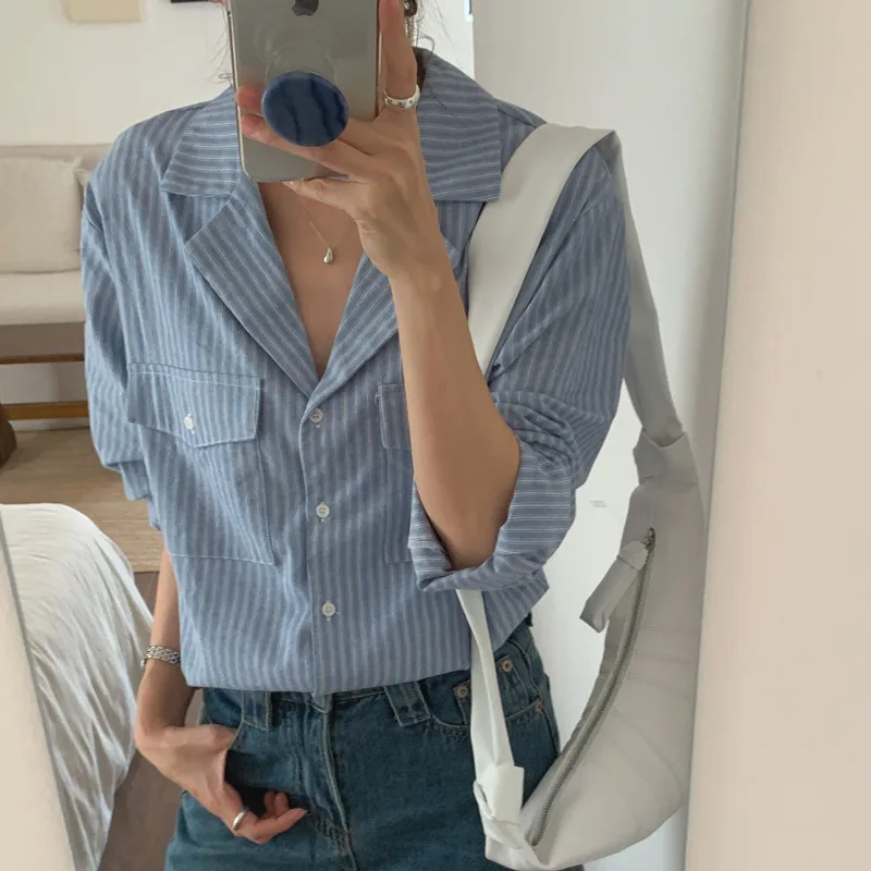 Spring Autumn Women's Striped Turn-down Collar Button Solid Pockets Long Sleeve Cardigan Shirt Vintage Casual Elegant Tops